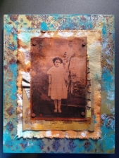 Gelli Print on Wood Collage with TAP Transfer on Copper Mesh